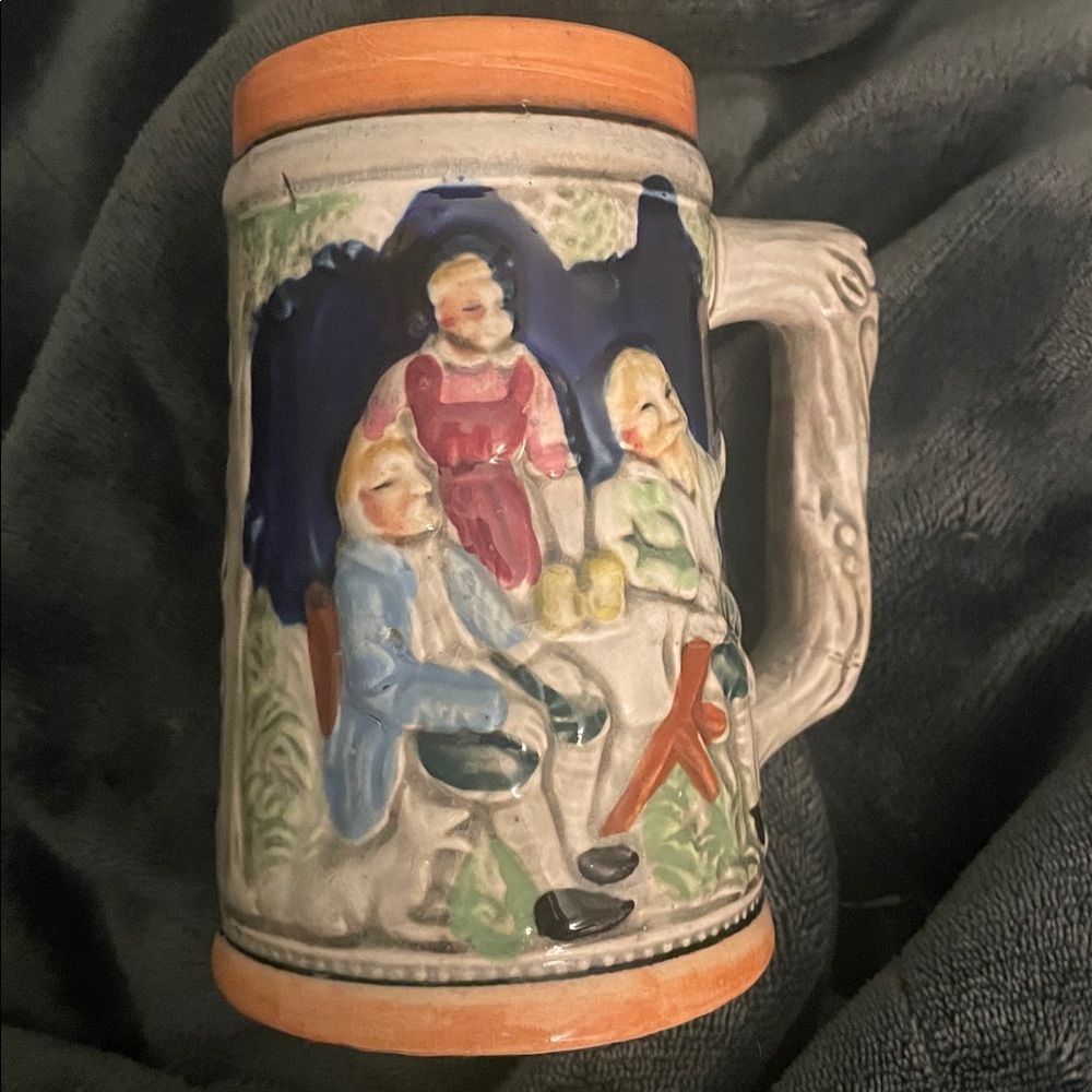 Ceramic Beer Stein with Painted Figures